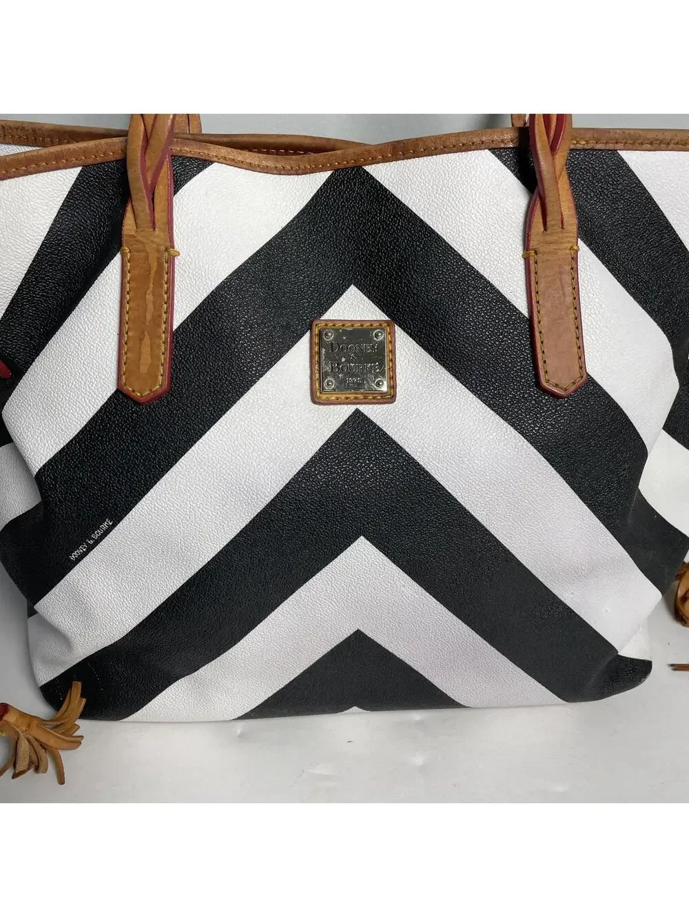 Dooney & Bourke Large Black & White Chevron Braided Handle Tote